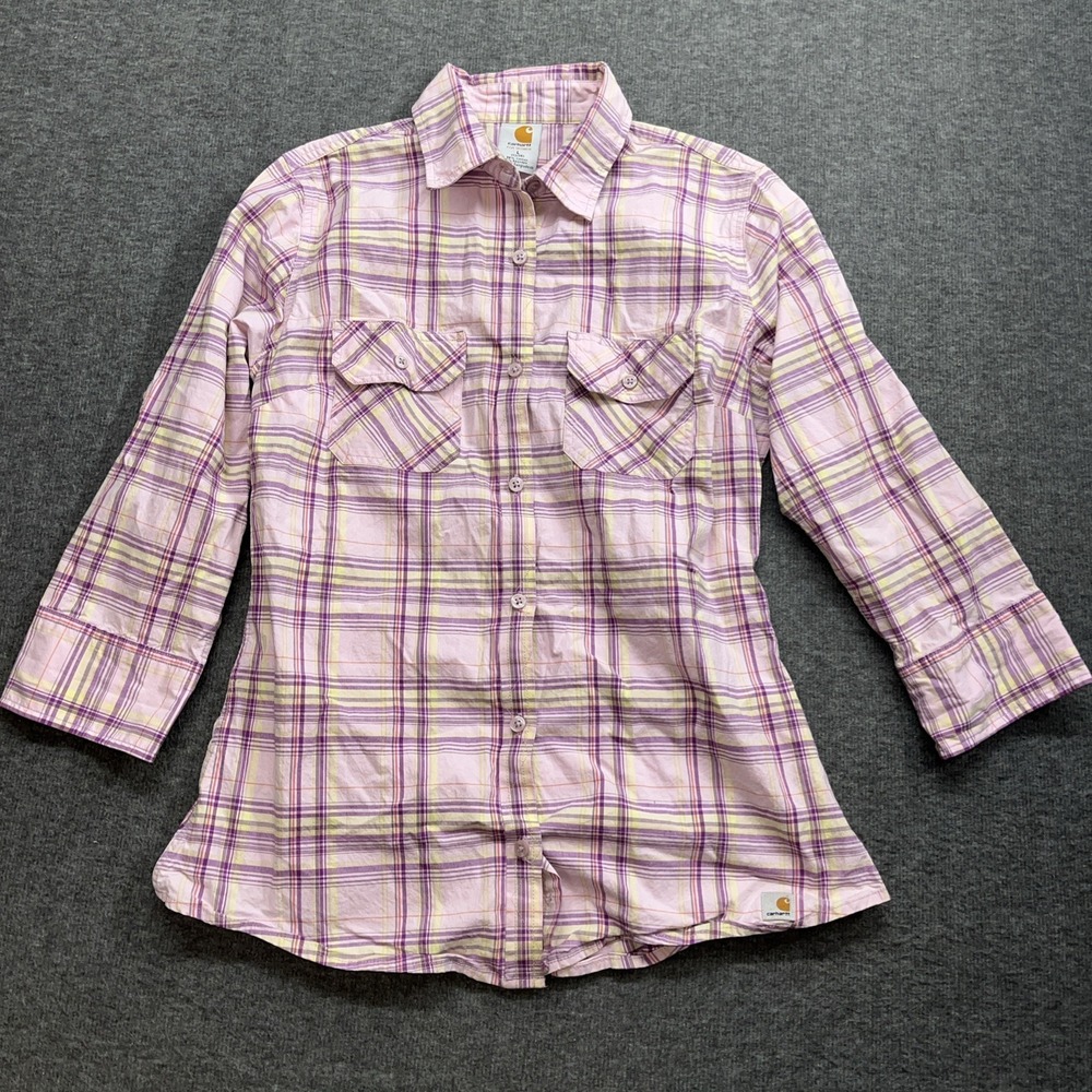 Carhartt Western Rodeo Cowgirl Women's Plaid Pink Button Up Top sz Large